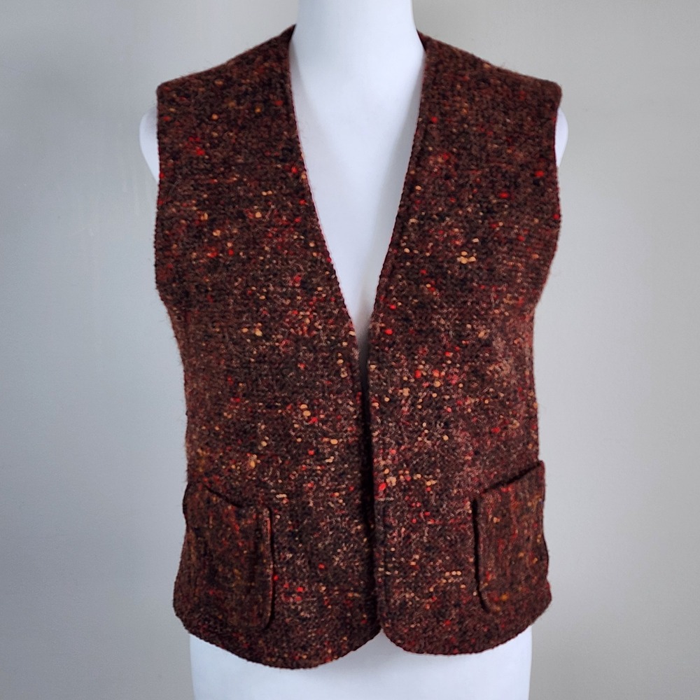 Irving Samuel Tweed Vest Womens 6 Brown Wool Textured Knit‎ Pockets VTG Hipster